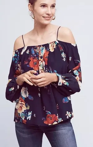 Anthropologie Maeve Tallie Open-Shoulder Silk Top women’s large‎ floral thumbnail 1