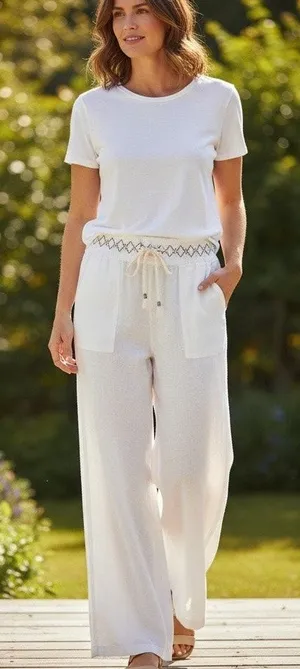 April Kiss Linen Pants Beach Summer Boho NWT High Waist Wide Leg SZ LG White thumbnail 1