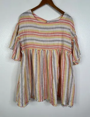 Free People Striped Babydoll Top Orange Yellow Grey Boho Short Sleeve Medium thumbnail 1