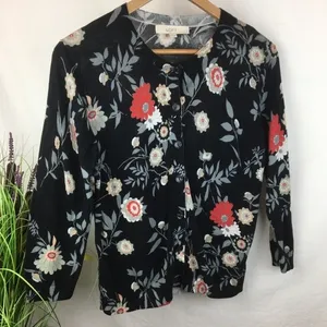 Ann Taylor Black Dark Moody Floral Knit Button Up Cardigan Sweater M thumbnail 4