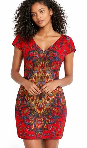 Maeve Red Multicolor Boho Festival Sheath Mini Small Dress V-Neck Short Sleeve thumbnail 1