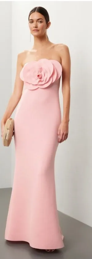 Badgley Mischka Strapless Pink Maxi Gown with Floral Appliqué 10 thumbnail 1