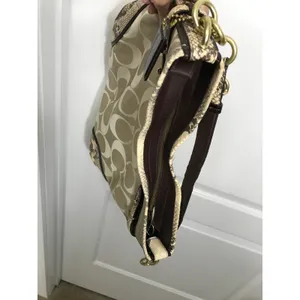 Coach Colette Beige Signature Sateen and Snakeskin Trim Hobo Shoulder Bag EUC thumbnail 9