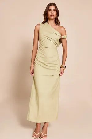 Pretty Little Thing GREEN TEXTURED OFF THE SHOULDER TRIM DETAIL MIDAXI DRESS thumbnail 3