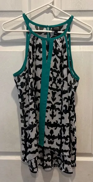 Nicole by Nicole Miller Black White Teal Damask‎ Halter High Low Blouse Large thumbnail 1