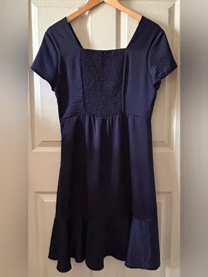 Skies are Blue Navy Satin Flutter Sleeve Midi Dress Sz Med Autumn Wedding Guest thumbnail 4