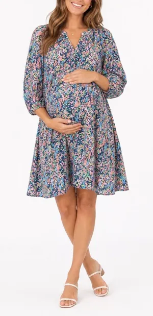 Gap Maternity Floral Tiered Mini Dress Medium Pink Blue Rayon 3/4 Balloon Sleeve thumbnail 1