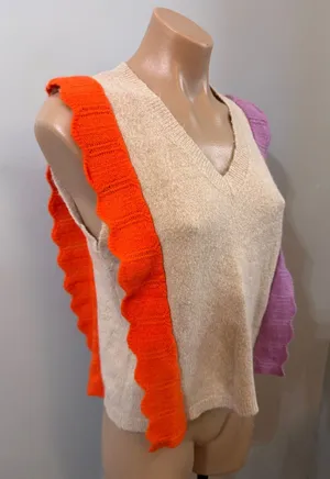 THML Sweater Vest Ruffles Orange Purple Large V Neck thumbnail 1