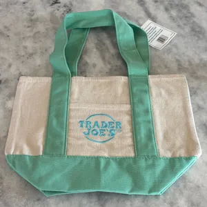 Trader Joe's Mint Green and Cream Canvas Tote with Floral Embroidery thumbnail 4