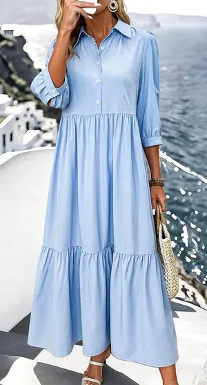 NWOT SHEIN Curve Blue Plus Size Button Front Tiered Long Sleeve Boho Dress, 2XL thumbnail 1