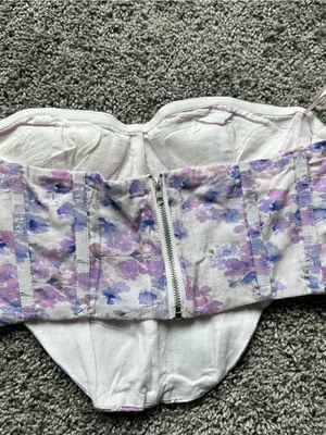 Bardot Floral Corset Crop Top in Lavender, Blue and White thumbnail 3