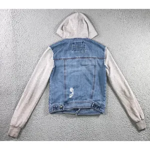 Mixed Media Denim Jacket Women S Blue Distressed Hooded Grunge Punk‎ y2k Stained thumbnail 3