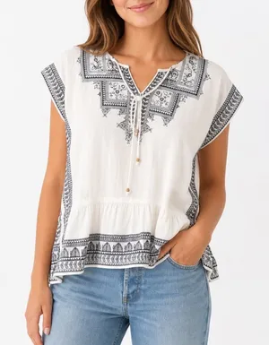 World Market White Navy Blue Embroidered Cotton Peasant Blouse Peplum Top S/M thumbnail 1