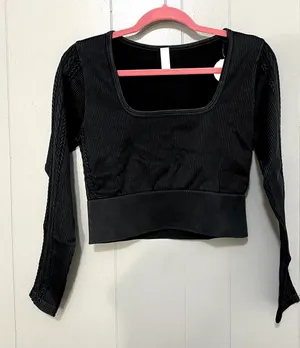 NEW Aerie Offline Black Sidewalk Seamless Ribbed Long Sleeve Cropped Top XL thumbnail 1