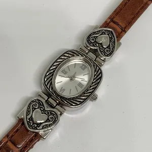 Accutime Women’s SilverTone watch 20mm quartz analog heart brown leather running thumbnail 1