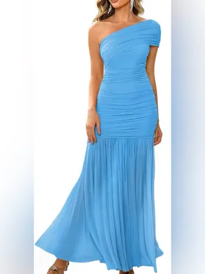Formal Long Dress One Shoulder Ruched Kentucky derby Evening Gown Blue Large NWT thumbnail 6