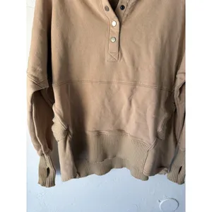 Bucket List Hoodie Womens Small Tan Pullover‎ Snap Neck Ribbed Hem Thumbholes thumbnail 3