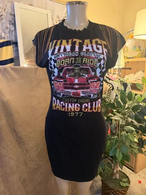 Vintage Racing Club Graphic T-Shirt Dress Fringed Shoulder Size L thumbnail 7