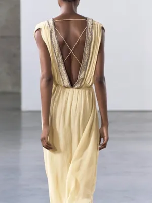 Zara NWT embellished beaded trim light yellow Sleeveless Maxi Dress thumbnail 3
