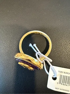 Tory Burch | Gold Plated Logo & Natural Purple Stone Ring | Size 8 thumbnail 2