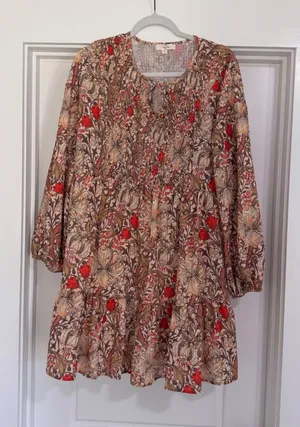 Entro Floral Smocked Mini Dress Long Sleeve Boho Tan Red Brown D21560 Womens M‎ thumbnail 1