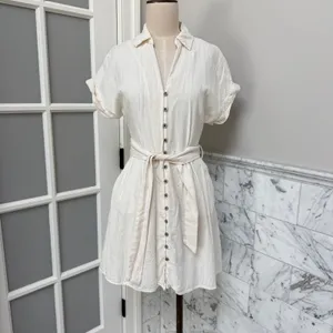 Zara Linen Blend Belted Shirt Robe Dress Pockets Johnny Collar XS thumbnail 2