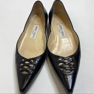 Jimmy Choo Black Leather Pointed Toe Lattice Cutout Flats Size 35 Made in Italy thumbnail 7