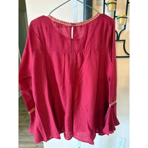 Entro Burgundy Boho Embroidered Bell Sleeve Blouse Top Medium NWT thumbnail 6