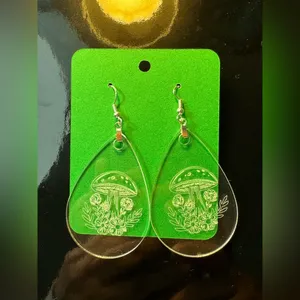 Handmade Mushrooms Engraved Clear Acrylic Teardrop Earrings Silver New thumbnail 2