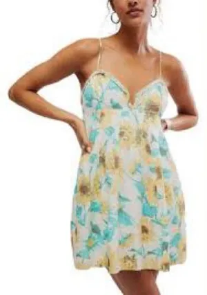 Free People Aqua and Gold Floral Lace-Trim Chemise 656 thumbnail 1