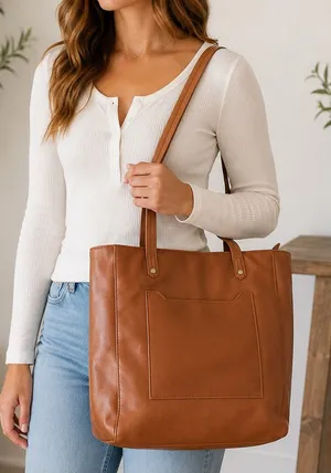 Universal Threads Brown Faux Leather Tote Shoulder Bag Zip Top Large Pocket Purse thumbnail 1