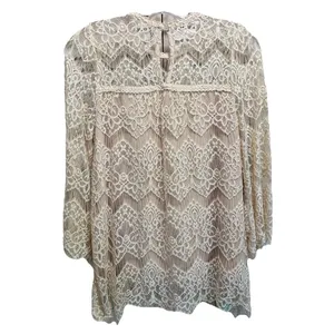 Vintage Ivory Crochet Lace Blouse Keyhole Neck‎ Lined Size S Bell Sleeves thumbnail 5