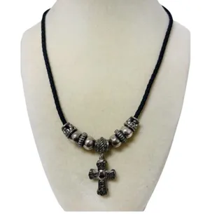 Brighton Silver Cross and Black Leather Necklace thumbnail 1