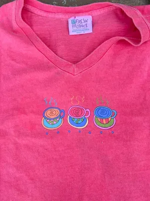 Pink vintage 90s fresh produce graphic tee with three cartoon coffee cups Sz XL #oversized #retro #coffee #hippie thumbnail 5