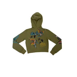 Ed Hardy Butterflies Y2K Olive Green Full Zip Cropped Hoodie Sweatshirt Medium thumbnail 2