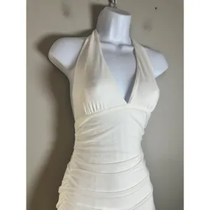 MIYIEONE Women White Ruched Halter Neck Mini Bodycon Dress Ruffle Hem Size S thumbnail 2