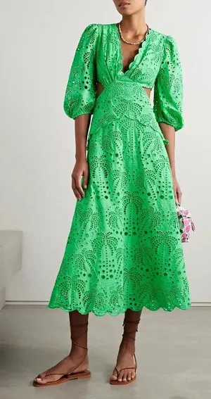 FARM Rio Green Richelieu Cutwork Midi Dress Bright Green Eyelet Cotton Sz M NWT thumbnail 1