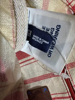 Striped Red and Cream Canvas Tote with Brown Handles thumbnail 6