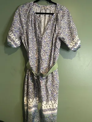 LOFT Linen Blend Floral Midi Dress Women L Blue Cottagecore Belted Pockets thumbnail 2