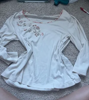 Floral 3D Applique Top Long Sleeve Cream Cotton Cottagecore Coquette Coldwater M thumbnail 1