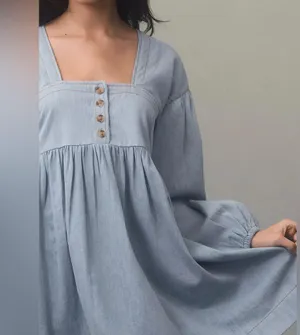 By Anthropologie Long-Sleeve Square-Neck Denim Mini Babydoll Dress Size M NWOT thumbnail 2