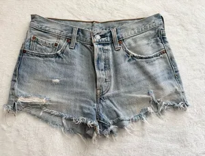 Levi’s 501 Distressed Denim Shorts Light Wash Frayed Hem Button Fly thumbnail 1
