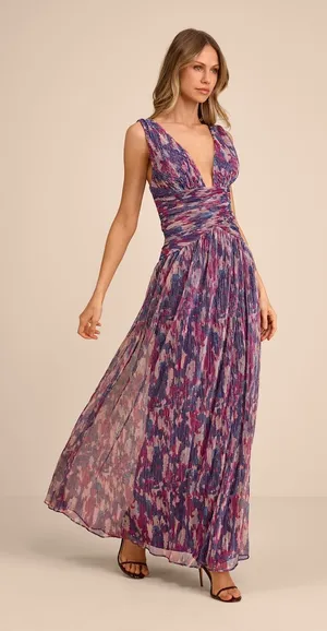 Lulus Evaluna Purple Abstract Print Lurex Pleated Maxi Dress thumbnail 1