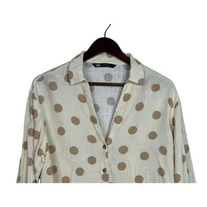 Zara Button Up Shirt Textured Polka Dot Collared Long Sleeve Small Ivory Beige thumbnail 3
