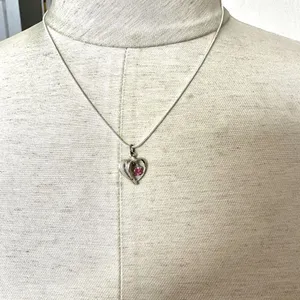 Silver pink rhinestone heart dainty pendant necklace thumbnail 1