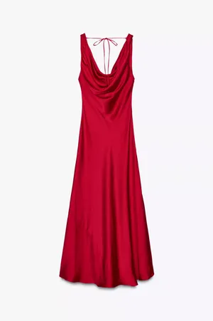 Zara Elegant Red Satin Long Dress Evening Party Gown thumbnail 4