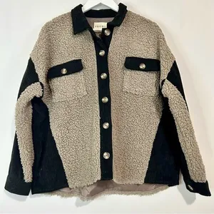PROMESA Women's Contrast Button Down Sherpa Jacket Grey Black Size Medium FLAW thumbnail 1
