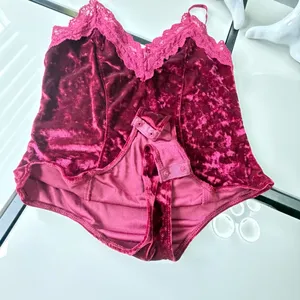 Bozzolo Burgundy Crushed Velvet Lace-Trim Bodysuit (Size L) ✨ thumbnail 6