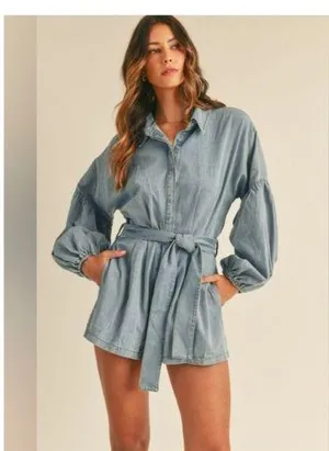 NWT Mable Denim Balloon Sleeve Rompe Sz L Tie Waist Shorts Cotton Boho Western thumbnail 1
