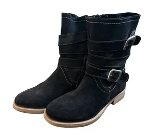 Roan Lola‎ Black Suede Moto Boots Womens 7 Buckle Mid Calf Side Zip Distressed thumbnail 1